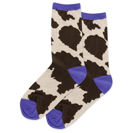 Hot Sox Womens Cow Print Crew Socks, Womens Shoe Size 4-10.5, Natural Malange