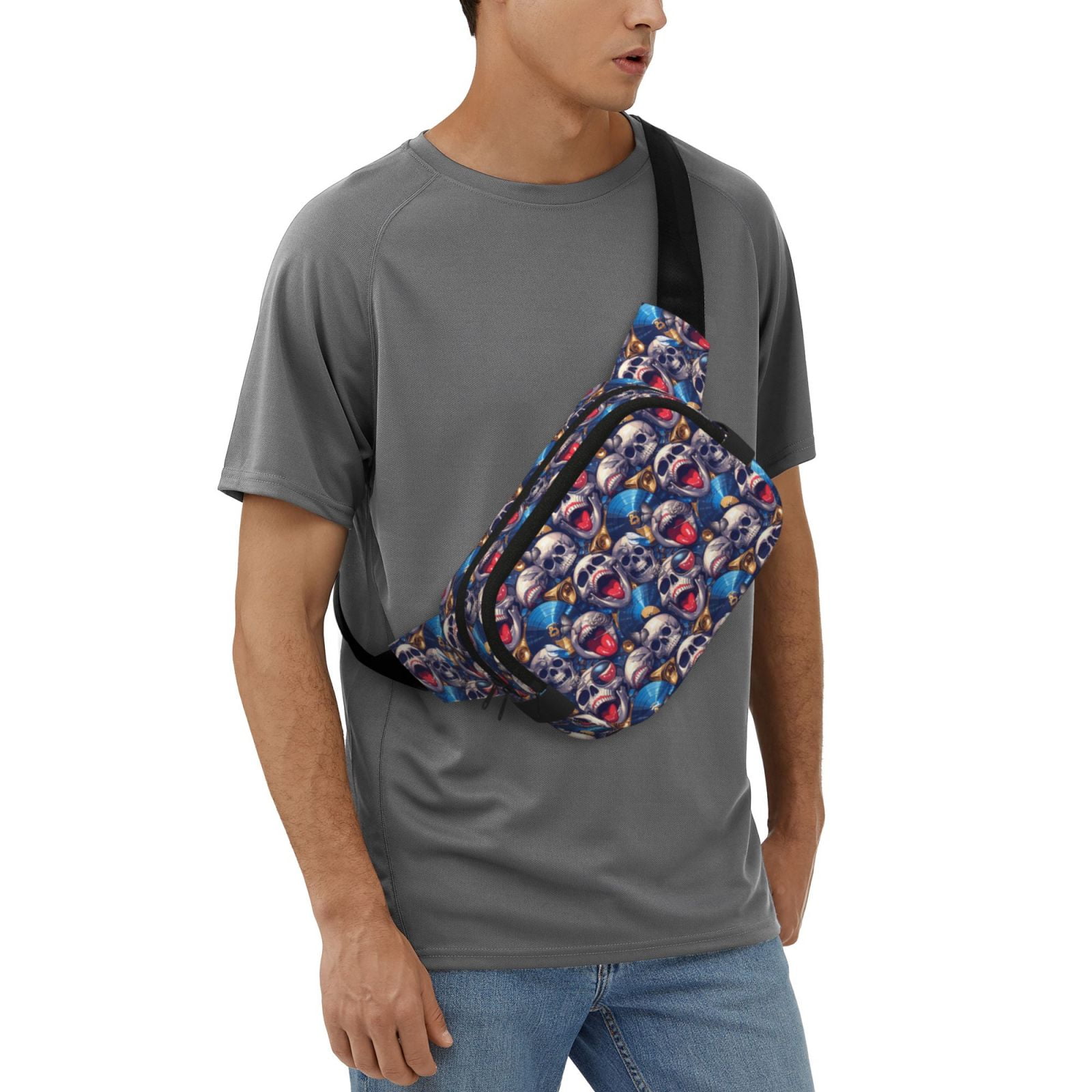 Picia rock Skull blue record Print Square Double-Layer Waist Bag Mini Adjustable Waist Belt Bag Exercise Running Travel Hiking