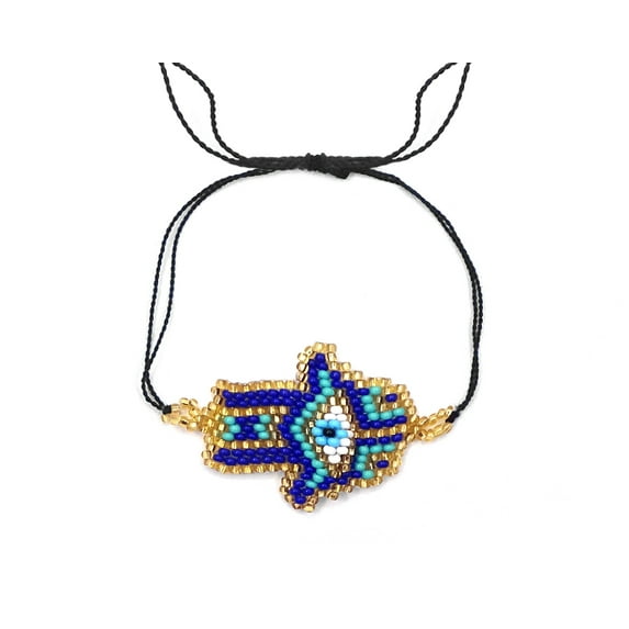 Multicolored Hamsa Hand Evil Eye Seed Beaded String Pull Tie Bracelet - Womens Fashion Handmade Jewelry Boho Accessories