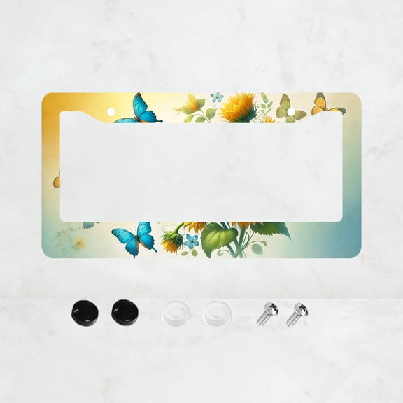 Blue Butterfly Sunflower License Plate Prame Aluminum Rust-Proof Auto Parts License Plate Decorative Screws Fit Standard 2 Holes 1 U.S. License Plate, 12.2x 6.3 Inch
