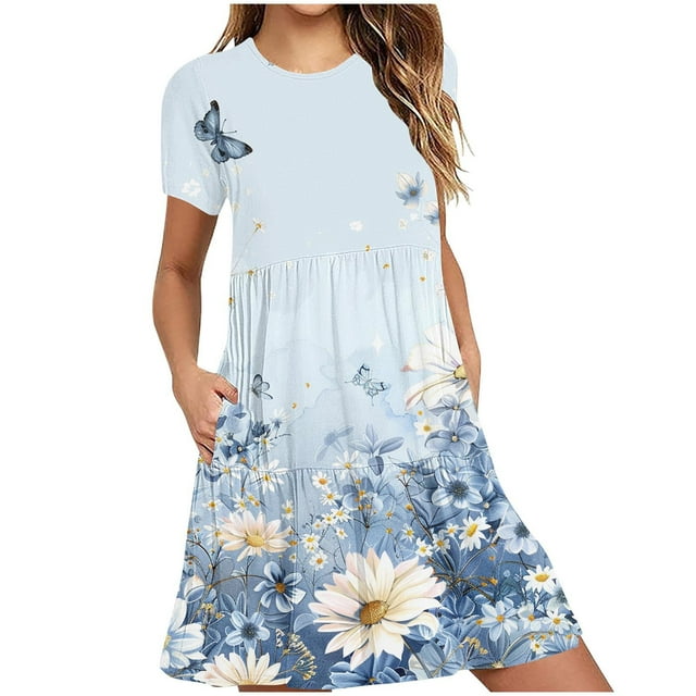 Weiqiqre Robes pour Femmes Été Décontractées à Manches Courtes Col Ras du Cou Robes T-Shirt Amples Évasées Mini avec Poches