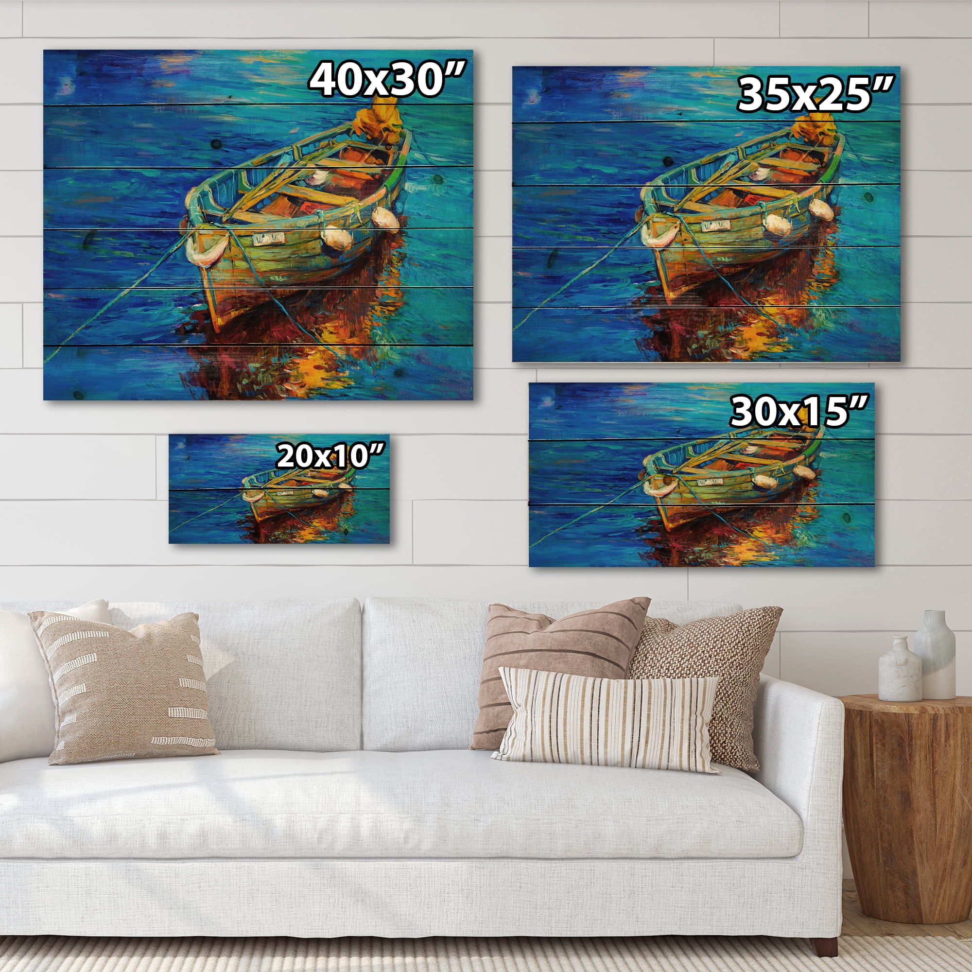 Designart 'Boats During Warm Sunset Resting On The Water IV' Nautical & Coastal Print on Natural Pine Wood