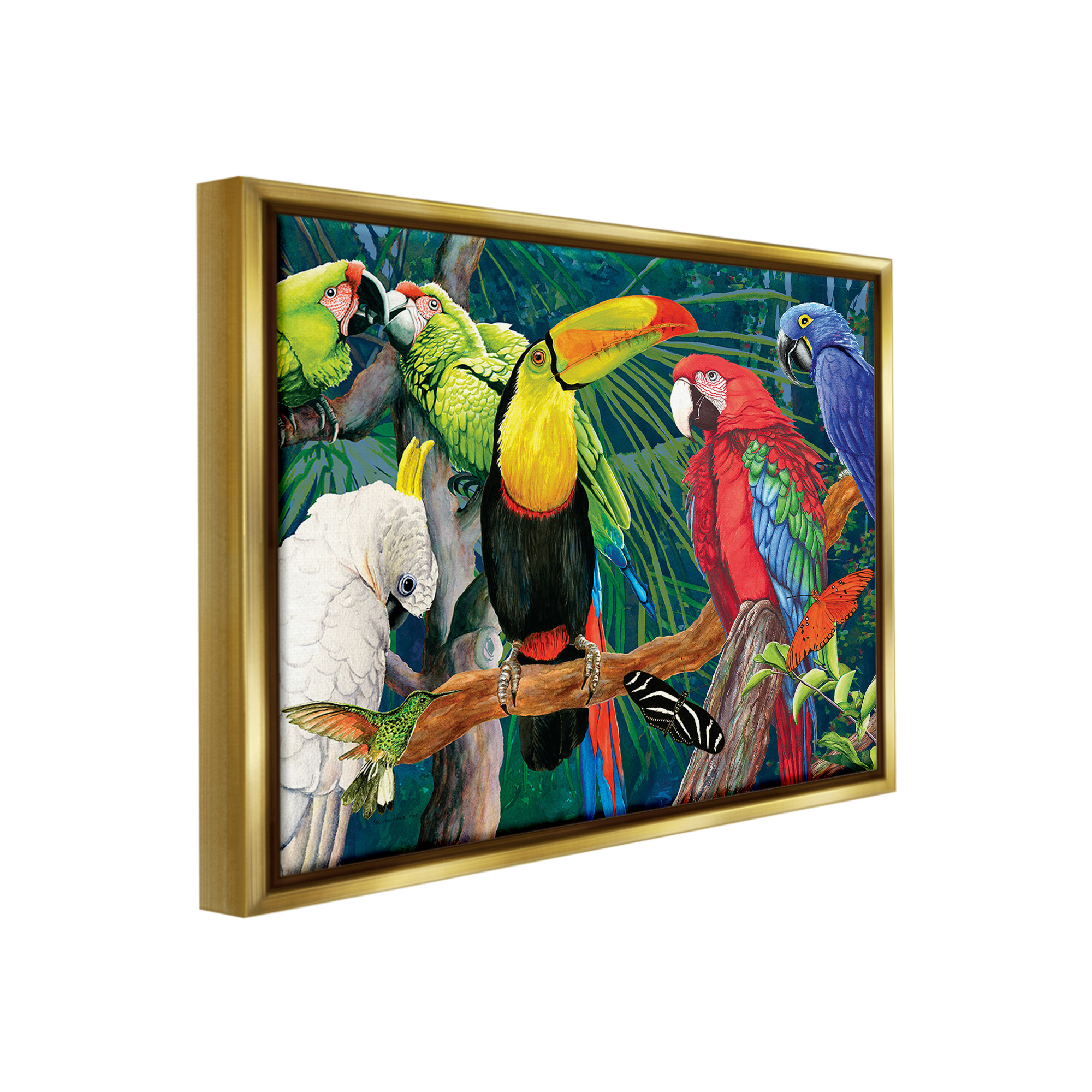 Stupell Industries Tropical Rainforest Birds Animals & Insects Painting Gold Floater Framed Canvas Art Print Wall Art, 21 x 17