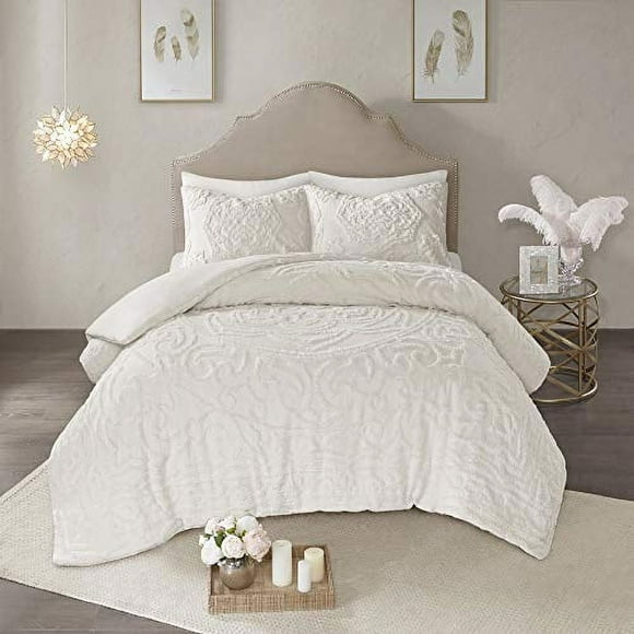 Madison Park Laetitia Comforter Bohemian Tufted Cotton Chenille, Medallion Shabby Chic All Season Down Alternative Bed Set with Matching Shams, Floral Off White King/Cal King(104"x92&