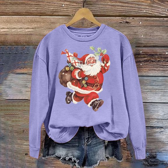 pimelu Christmas Sweater Clearance Womens Christmas Sweatshirt Trendy Fashion Santa Claus Print Graphics Shirts Ladies Plus Size Long Sleeve Crewneck Pullover Tops