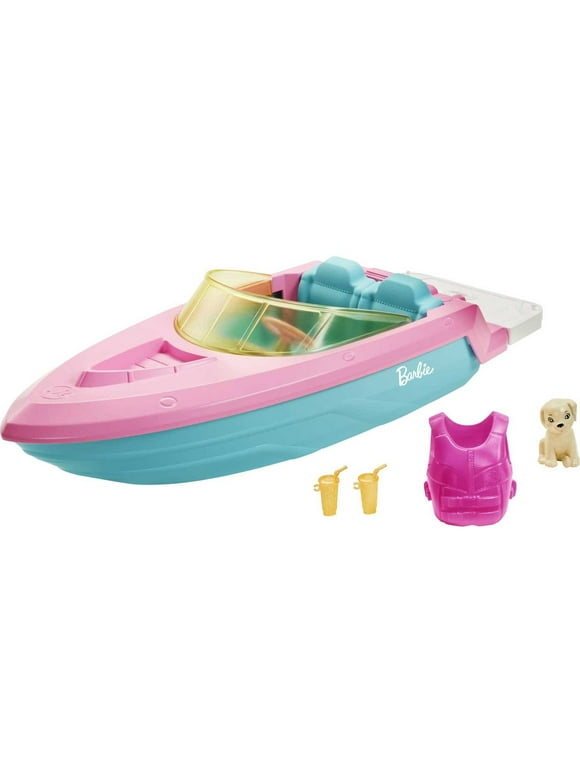 Barbie Toy Boat Set with Puppy, Life Vest and Beverage Accessories, Floats in Water (Seats 3 Dolls)