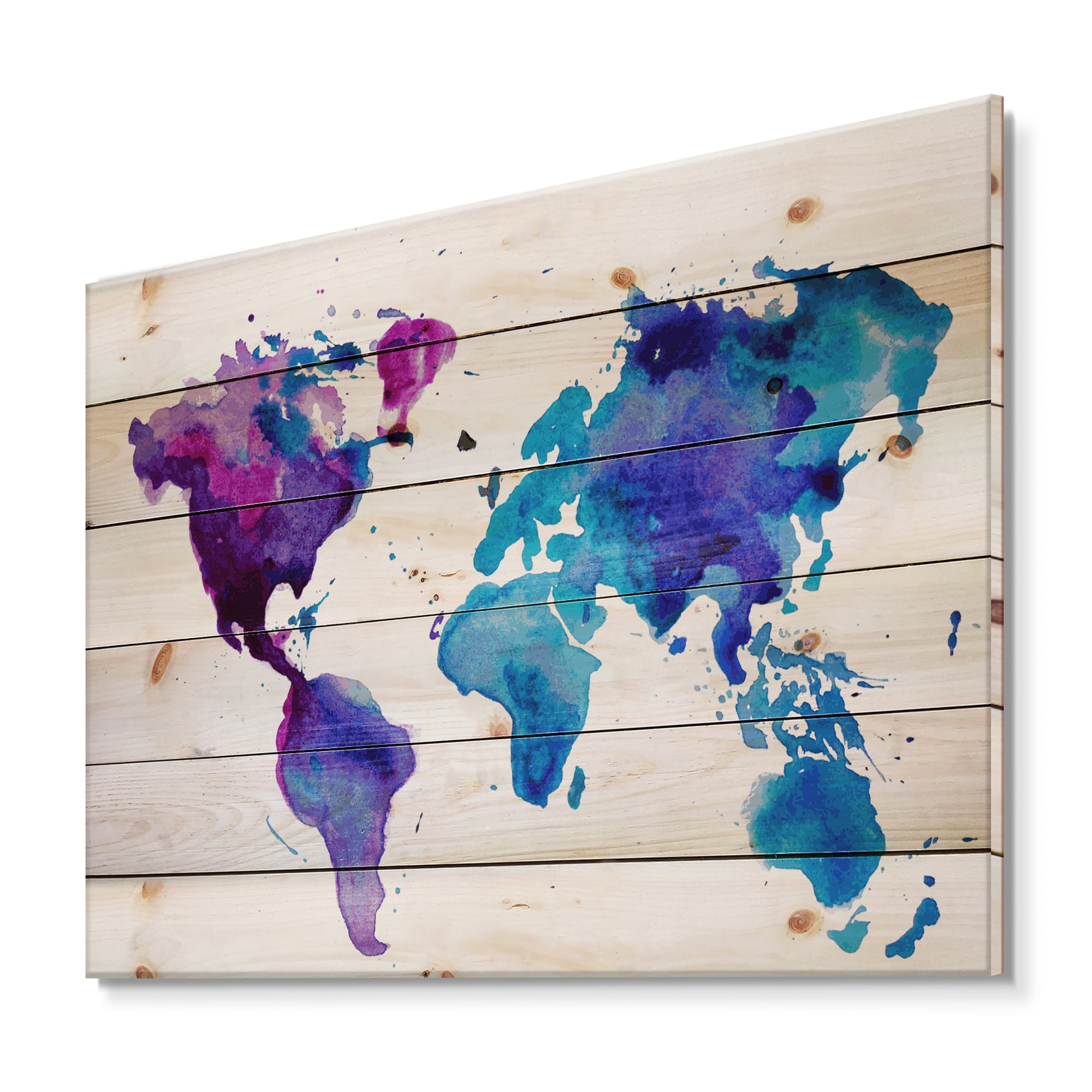 Designart 'Blue and Purple Map Of The World' Modern Print on Natural Pine Wood