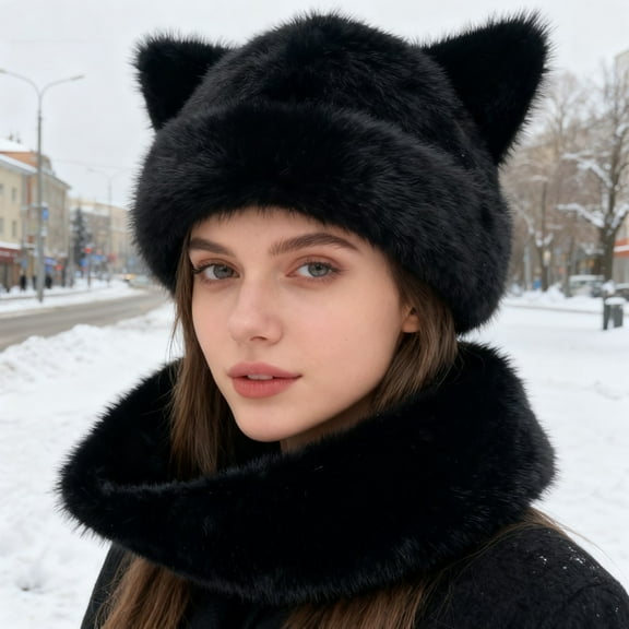 harmtty Winter Hat Solid Color Bear Ear Decor Windproof Warm Knitted Hat Lightweight Breathable Thermal Hat Cold Weather Headwear
