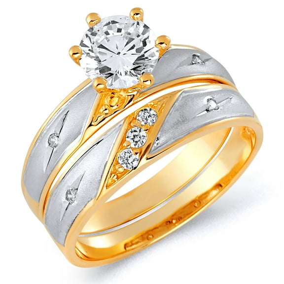 Wellingsale Ladies Solid 14k Two 2 Tone White and Yellow Gold Polished CZ Cubic Zirconia Round Cut Engagement Ring and Wedding Band Bridal Set - Size 4