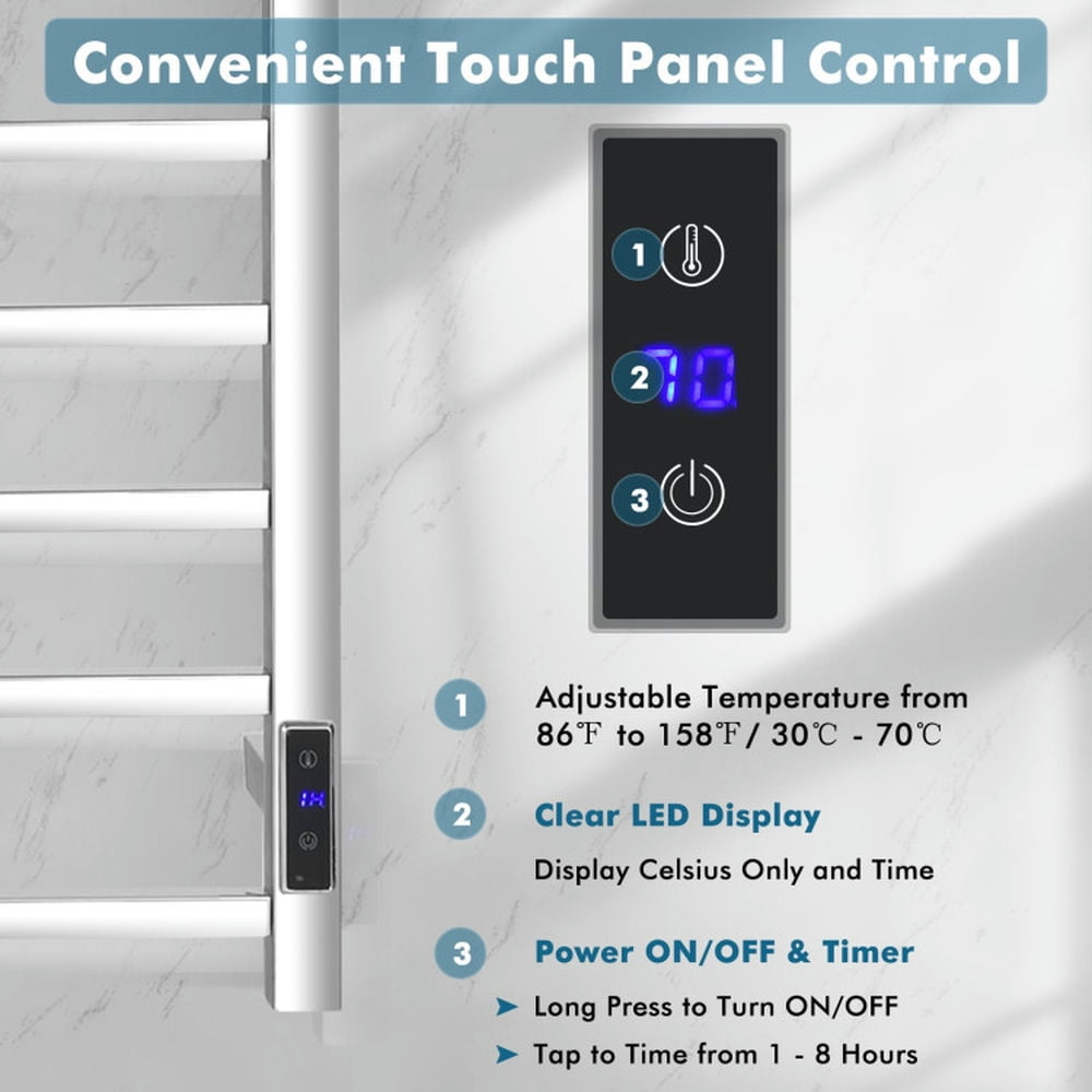 Finihen Wall Mounted Towel Rack, Electric Heated Towel Rack, 10 Bar Towel Warmer Wall Mounted Electric Heated Towel Rack with Built-in Timer, for Bathroom, laundry Room, Silver
