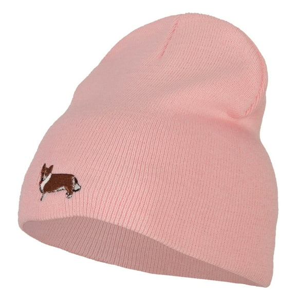 Corgi Dog Embroidered Knitted Short Beanie - Pink OSFM