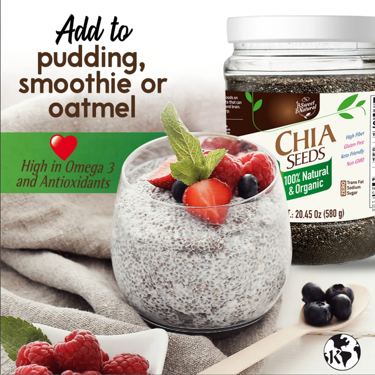 Organic Chia Seeds &  Stevia Leaf Extract Powder, Whole Seeds, Promo Pack (2 × 0.6 oz Stevia + 10.5 oz Chia )