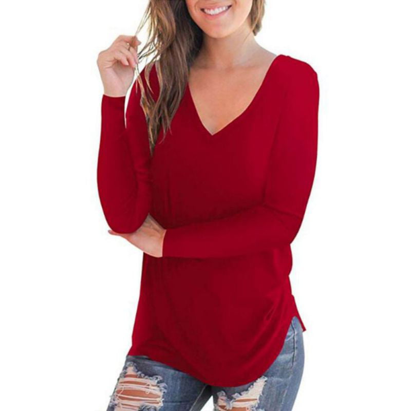 Woman Loose T-shirt Solid Color Long Sleeve pullover T-shirt S-2XL 5Color Top
