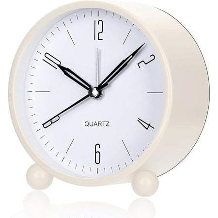 Analog Alarm Clock, 4 inch Super Silent Non Ticking Small Clock with Night Light, Battery Operated, Simply Design, for Bedroom, Bedside, Desk (White)