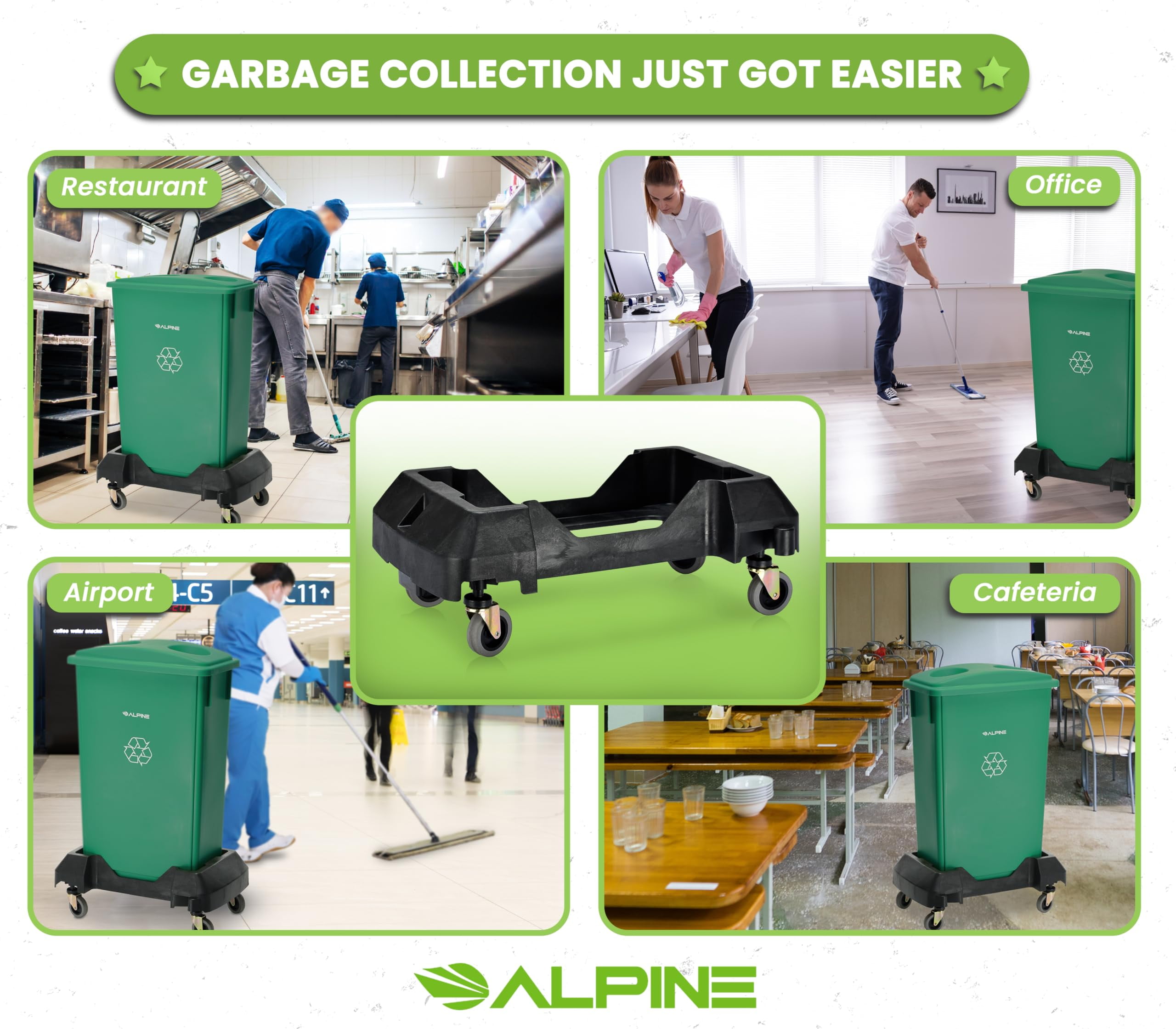 Alpine 16/23 Gallon Slim Trash Can Dolly - 4 Wheels Rectangular Plastic Rolling Garbage Can Dolly, Trash Can Wheels, Commercial Trash Can Cart - Holds Up to 200lbs (Black)