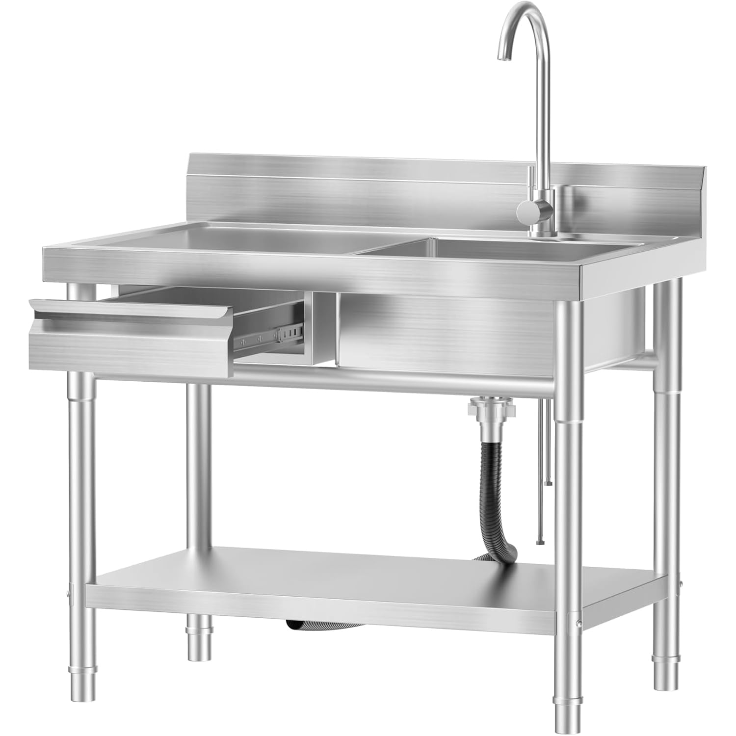 40" Sink with Left Drainboard Weight Stainless steel freestanding sink 50 lbs Kitchen Dishwashing and Vegetable Drainage Basket Bathroom Laundry