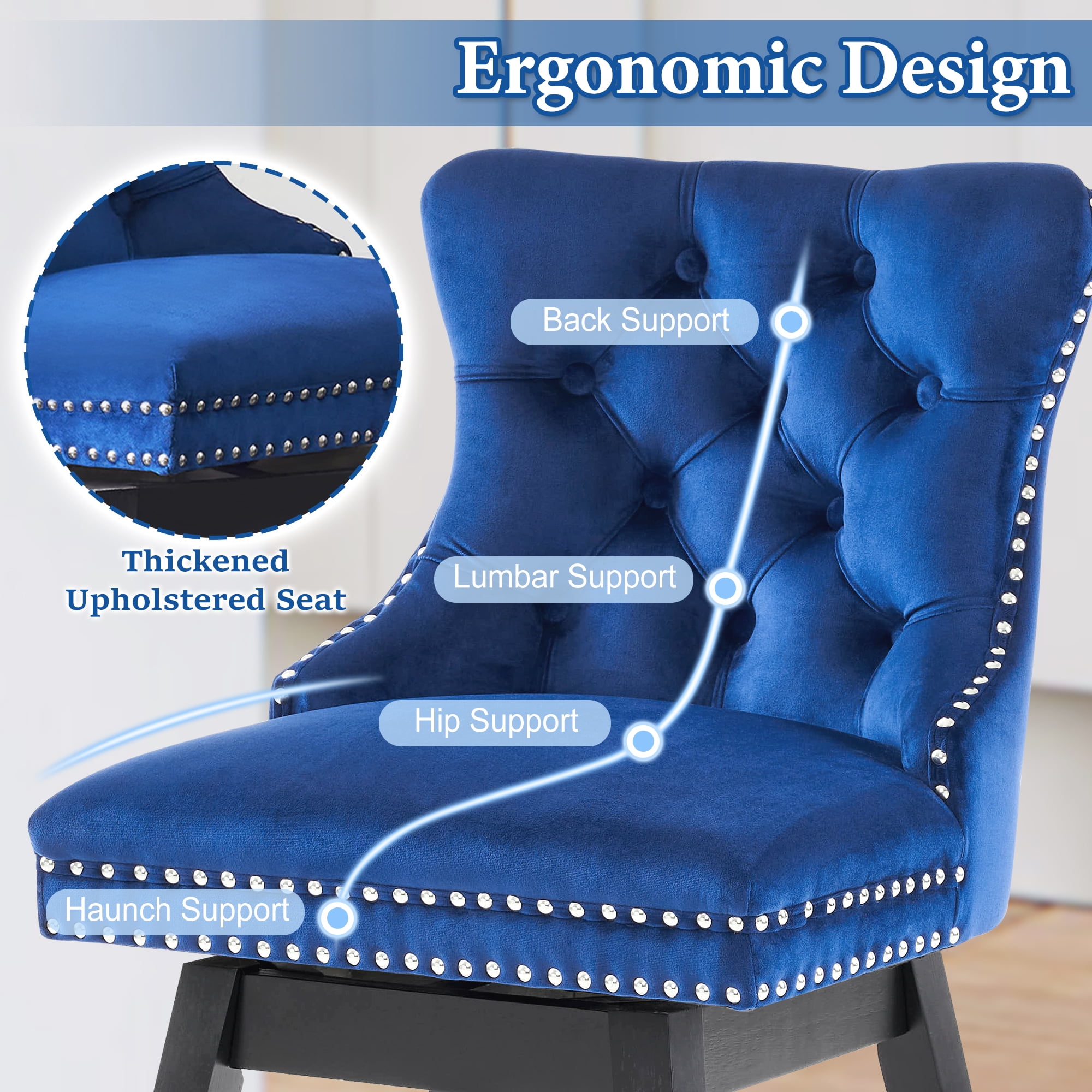 TEWLOSS 26" Swivel Counter Height Bar Stools Set of 4, Blue Velvet Kitchen Stools with Back