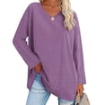 thumbnail image 3 of Women Blouse Long Sleeve Shirt Pure Colour Pullover V Neck Loose Hem Casual Design Purple M, 3 of 6