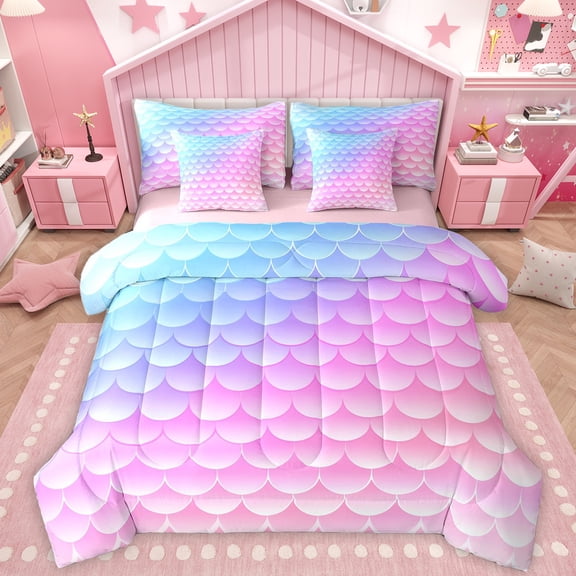 Homewish Cartoon Mermaid Pattern 7-Piece Twin Bedding Sets,Ocean Animal Bedding Comforter Set,Pink Purple Ombre Sheet Sets For Girls Kids,Luxury Bedroom Decor Reversible
