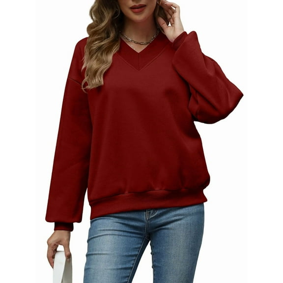 Womens Oversized V Neck Sweatshirt Fleece Long Sleeve Hoodies Pullover Comfy Top Outfits Wine Red L