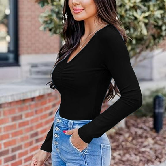 AXXD Womens Shirts Casual Black Basic Summer 2024 Winter Sexy Elasticity V Neck Long Sleeve Tops Versatile Regular Blouse