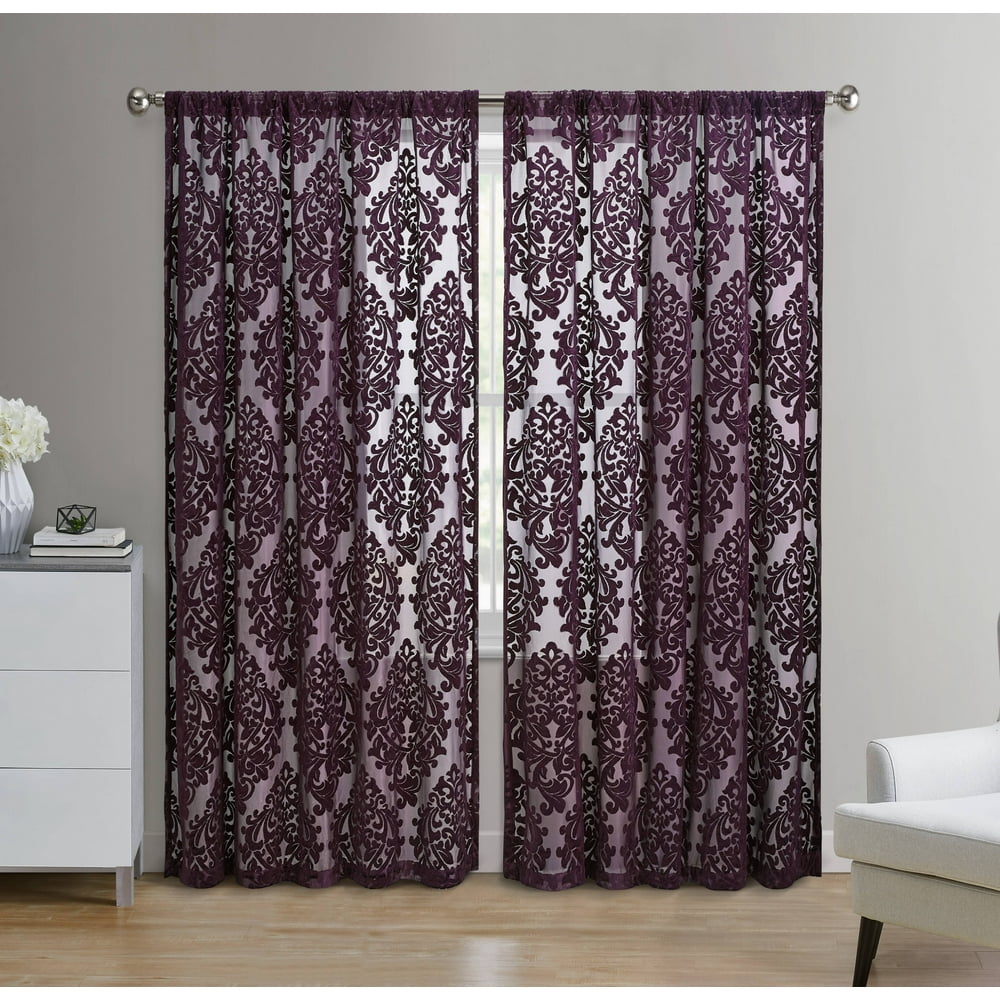 Mainstays Velvet Sheer Damask Burnout Curtain Panel, 54" x 95", Purple