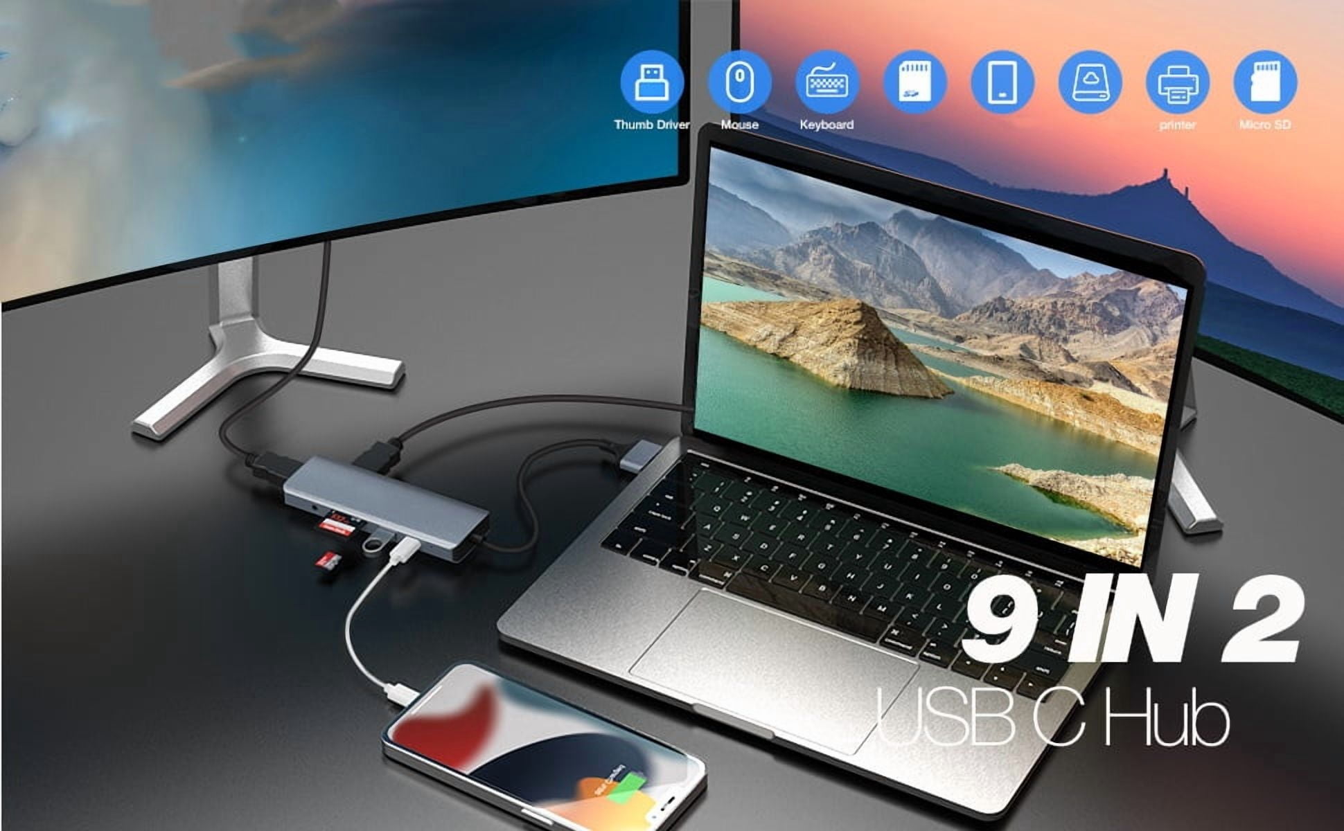 USB C Hub, 9 in 2 USB C Adapter for MacBook - 4K HDMI Triple Monitor Docking Station, USB 3.0, SD/TF Card Reader, 3.5mm Audio - Power and Versatility in One