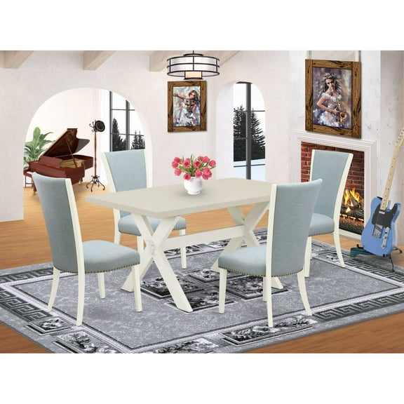 East West Furniture X026VE215-5 5 Piece Modern Dining Table Set - 4 Baby Blue Linen Fabric Parson Dining Chairs with Nailheads and Linen White Wood Table - Linen White Finish