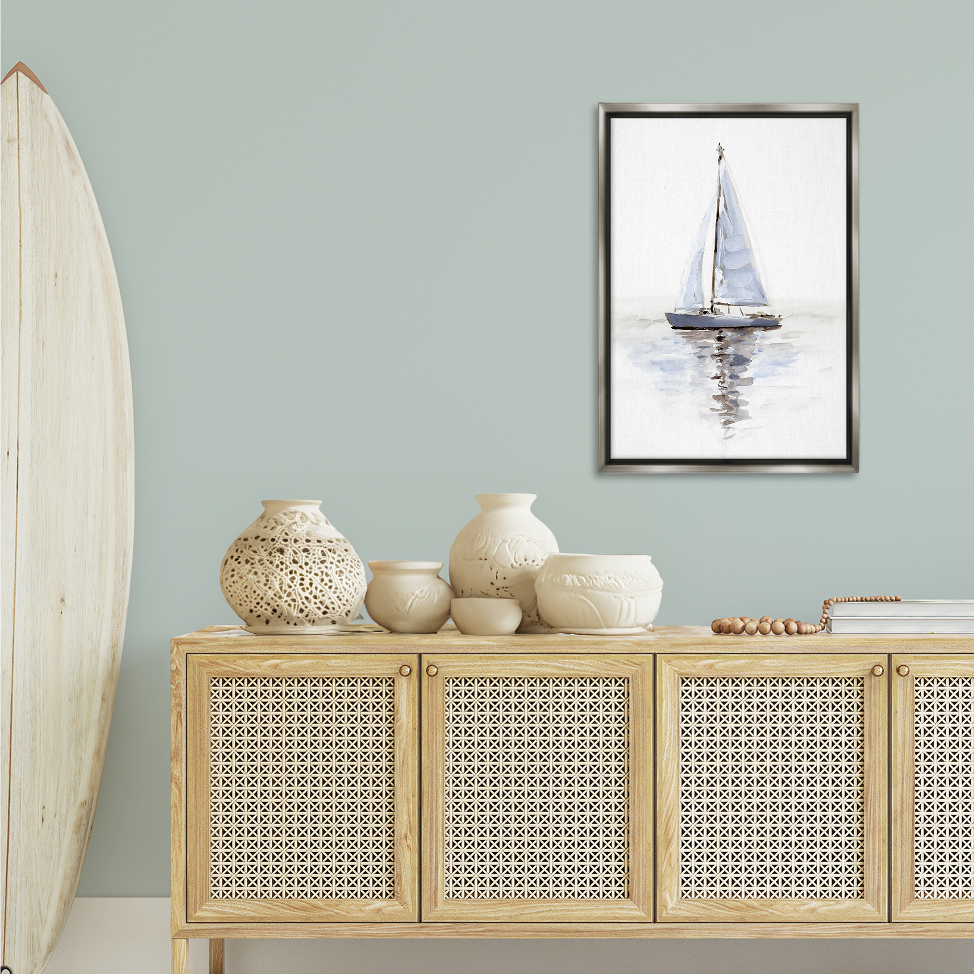 Stupell Industries Minimal Sailboat Reflection Transportation Painting Gray Floater Framed Canvas Art Print Wall Art, 21 x 31