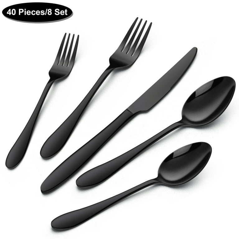 Walchoice 40 Piece Black Silverware Set, Stainless Steel Flatware for 8,  Elegant Cutlery Set Includes Knives Forks Spoons, Mirror Polished 
