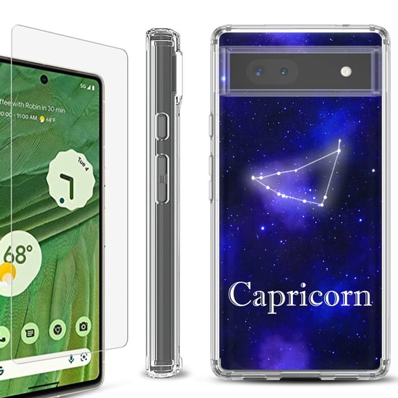 Shockproof Bumper Phone Case for Google Pixel 6a, with Tempered Glass Screen Protector, by OneToughShield ® - Capricorn