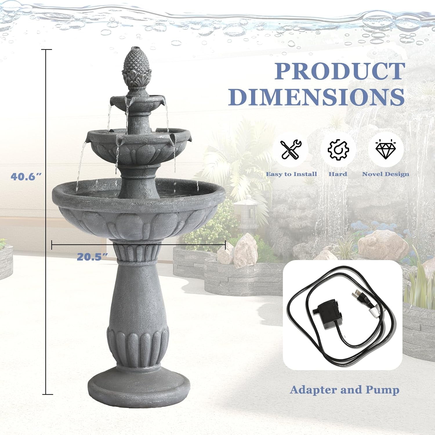 Grepatio Italian Outdoor Water Fountain, 3 Tiers Bubbler Garden Waterfalls Fountains, 40.6" H Tall Roman Pillar Floor Water Fountain for Indoor, Yard, Lawn and Garden Décor