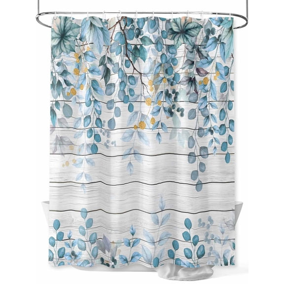 Fsddascl Blue Eucalyptus Leaves Shower Curtain Set - Small 36" x 72" Washable Bathtub Curtain with 12 Hooks, Watercolor Plants Floral Wooden Waterproof Fabric Stall Shower Curtains for Bathroom
