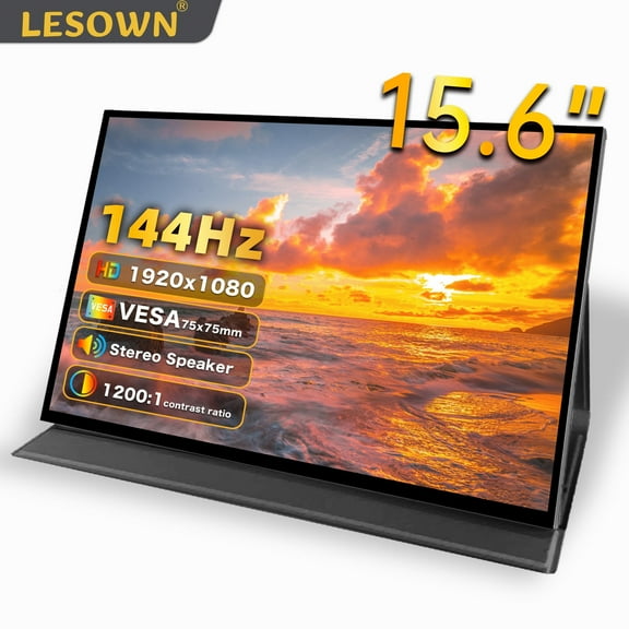LESOWN 144Hz 15.6 Inch Portable LCD Monitor USB C HDMI FHD 1920x1080 IPS Auxiliary Wide Screen with Speakers for Laptop PC Phone