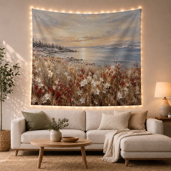 Wildflower Meadow & Coastal Sunrise in Hazy Sky, Serene Impressionist for Art Lovers, Botanical Home Decor, Housewarming Gift, Tapestry Wall Hanging for Living Room and Bedroom