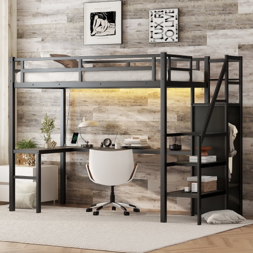 Leumius Metal Gaming Loft Bed with Wardrobe and Adjustable Shelf, Metal, 98.62''L x 42.52''W x 69.13''H, 158.73 LBS, Black