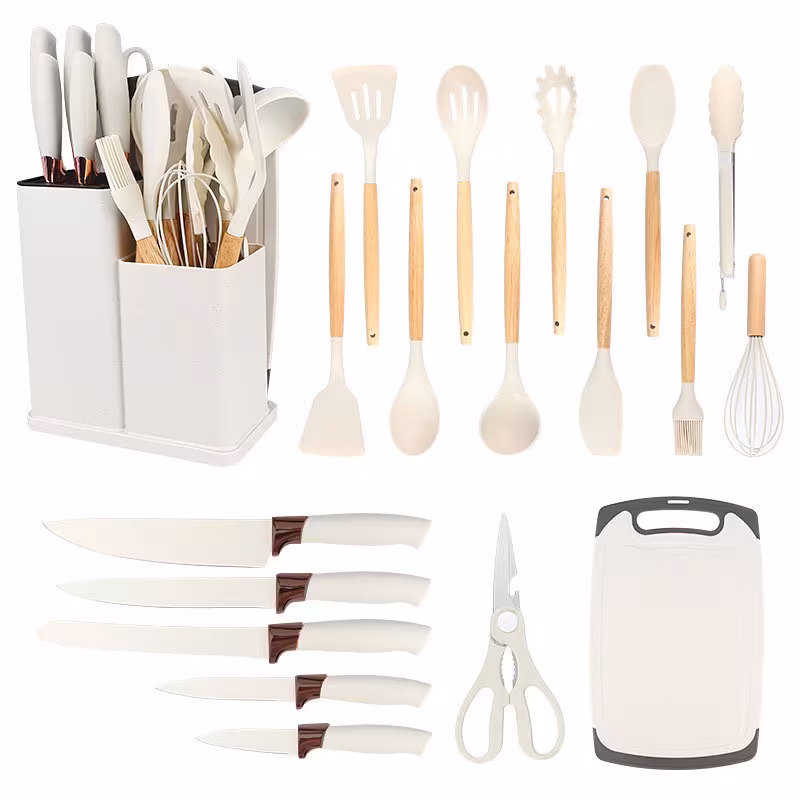 WHITE, variant on 19 Piece Kitchen Utensils Set, Knife and Kitchen Utensils Set, Silicone Spatula Set with Wooden Handle