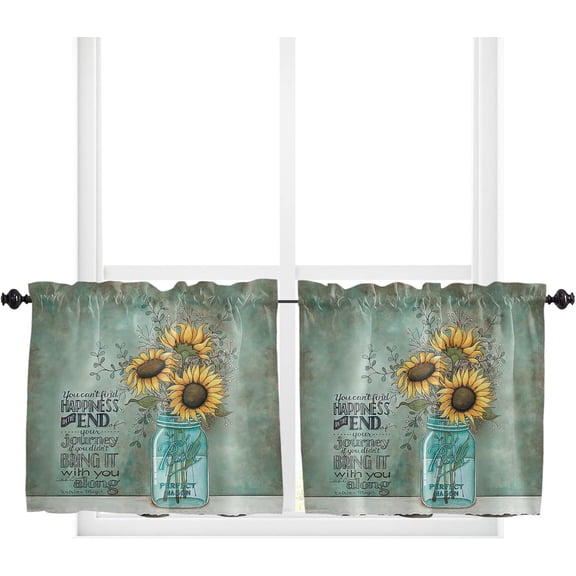 Curtain Tiers Valance, Sunflower Mason Jar Positive Quotes Vintage Farmhouse Decoration Rod Pocket Window Treatment Panels for Living Room, Kitchen, Bathroom, Bedroom, 2 Panels, 27.5" x 36"