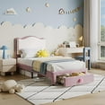 thumbnail image 3 of Senfot Twin Size Upholstered Bed Frame with 2 Storage Drawers, Velvet Princess Platform Bed, Chic Double Wavy Headboard, No Box Spring Needed, Solid Wood Slats Support, Pink&White, 3 of 6