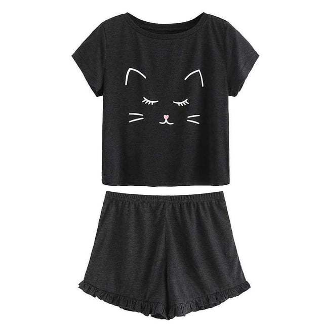 Maoww Pyjama Décontracté pour Femmes Ensemble de Nuit Manches Courtes Haut et Shorts Dessin Animé