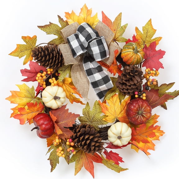 Towallmark Fall Wreath 20'' Autumn Front Door Wreath Harvest Wreath with White Pumpkins Berries Maple Leaves Pine Cones Grain for Outside Indoor Home Wall Festival Autumn Farmhouse Decor