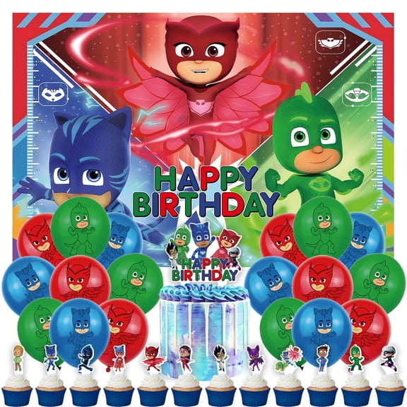32 Pcs For PJ Masks Theme Birthday Party Decoration Set,Includes 5*3ft Birthday Backdrop,13 Cupcake Toppers,and 18 Balloons Party Supplies for Celebrations