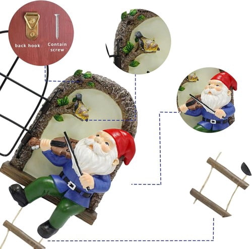 Colourtree Elf Out The Door Tree Hugger with Ladder, Funny Musical Gnome Garden Sculpture, Whimsical Fairy Tree Face/Stump Decor, Resin Outdoor Statue, Luminous Elf Peeker Yard Art