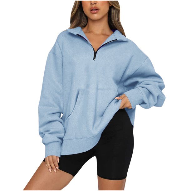 Women's V Neck Quarter Zip Sweatshirts Long Sleeve Lapel Collar Casual Loose Oversized
