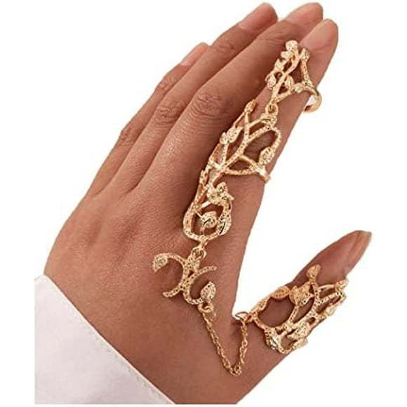 Queilt Full Finger Ring Bracelets Dainty Knuckle Open Ring Harness Hand Chains Adjustable Statement Rings Jewelry for Women Gift