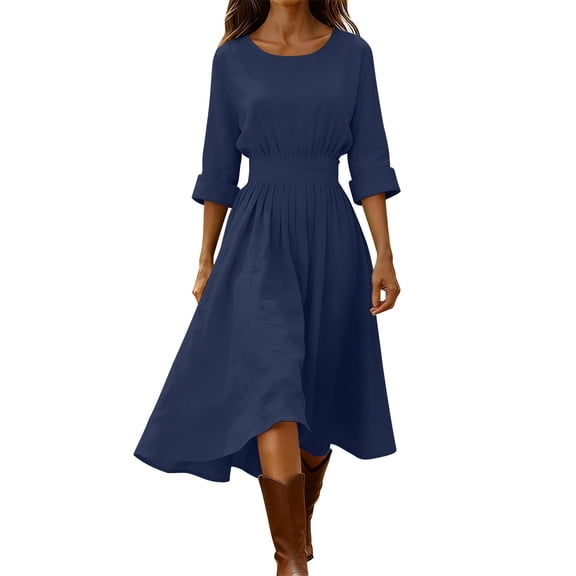 Womens Cotton Linen Dresses 3/4 Length Sleeve V Neck Maxi Dress Plain Long Round Neck Midi Pullover Dresses Pleated Solid Swing Midi Dress