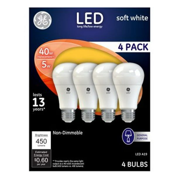 G E LIGHTING 61973 LED Light Bulbs, Soft White, 450 Lumens, 5Watt, 4