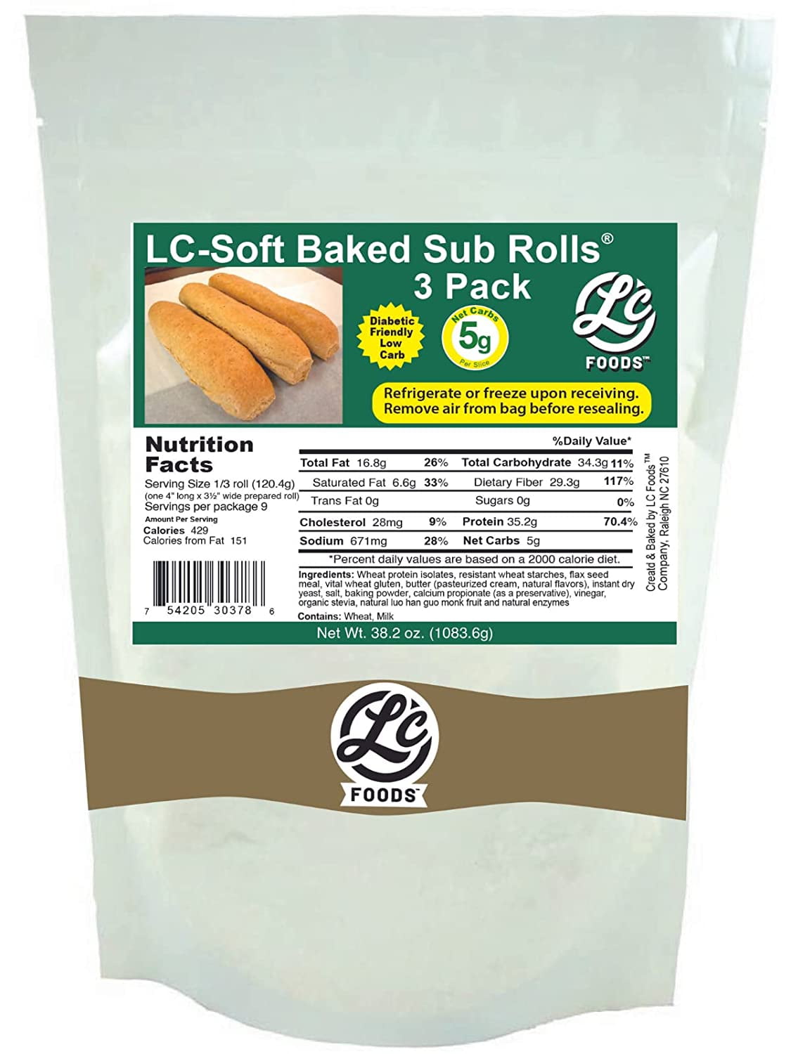 Low Carb Soft Baked Sub Rolls (3 Pack) | Diabetic Friendly | 12 inch rolls (38.2oz)