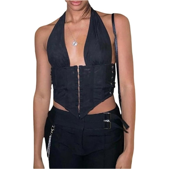 Qmyliery Women Crop Camisole, Plain Halter Low Cut Side Tie-Up Straps Short Vests, Ladies Summer Slim Front Buckle Navel Streetwear Tops