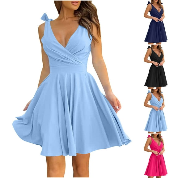 Hrsba Womens Summer Sleeveless Dress,Plus Size Casual Dress for Womens,Women's Bow Sleeveless Solid Color Deep V-neck Mini Dress